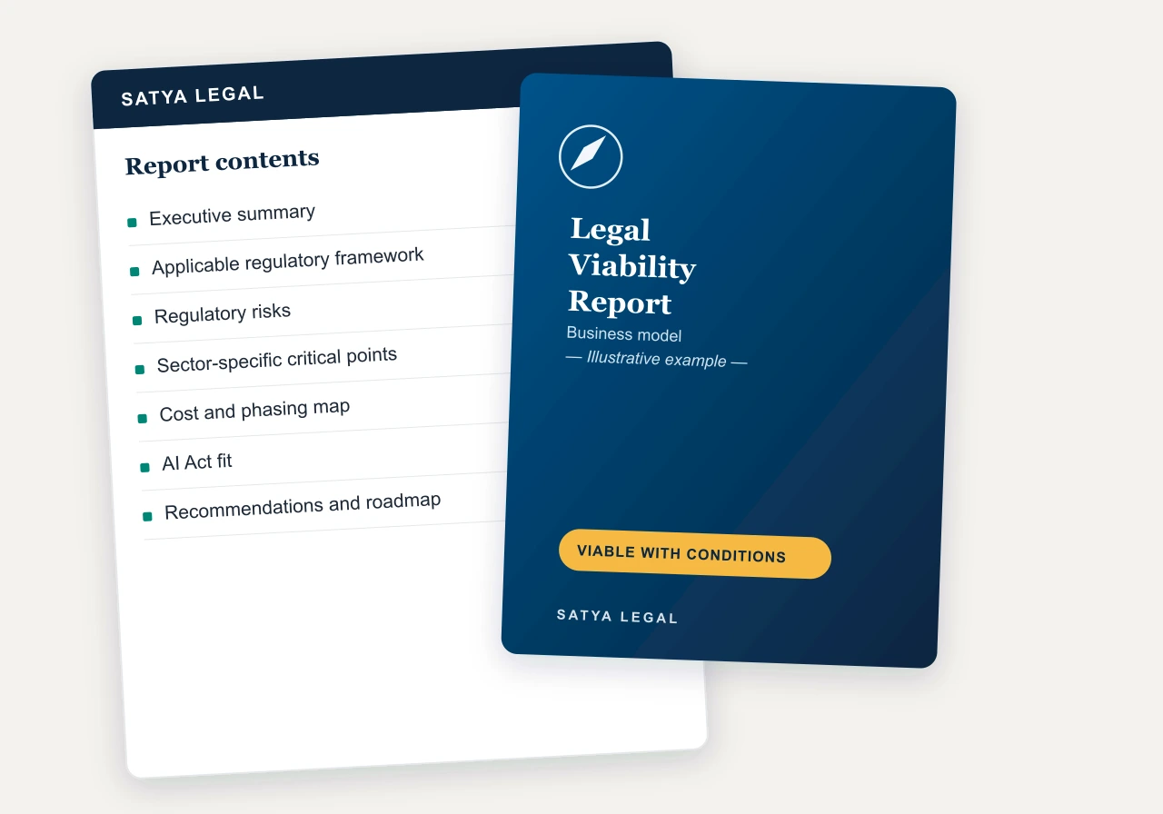 Illustrative preview of the legal viability report: cover page with the verdict and contents with the analysis sections